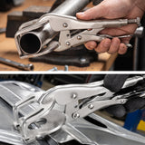 9 inch welding locking pliers with adjustable C-clamp jaws, quick trigger release and 2.75 inch opening for sheet metal, pipe and metalworking