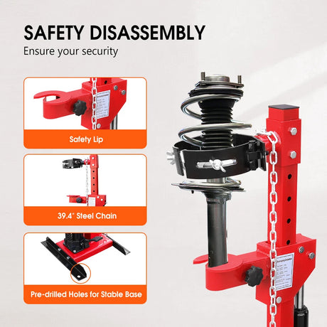 4.5 Ton hydraulic shock spring compressor with adjustable clamps and steel safety chain for car suspension and coil spring removal.