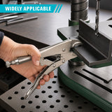 Curved jaw locking pliers in 5 inch and 10 inch options with drop forged CR-MO steel construction, adjustable tension screw, serrated jaws and quick release handle for clamping, gripping, tightening and holding metal, wood, pipe and workshop materials