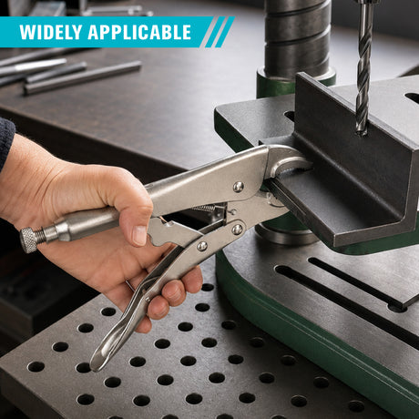 Curved jaw locking pliers in 5 inch and 10 inch options with drop forged CR-MO steel construction, adjustable tension screw, serrated jaws and quick release handle for clamping, gripping, tightening and holding metal, wood, pipe and workshop materials