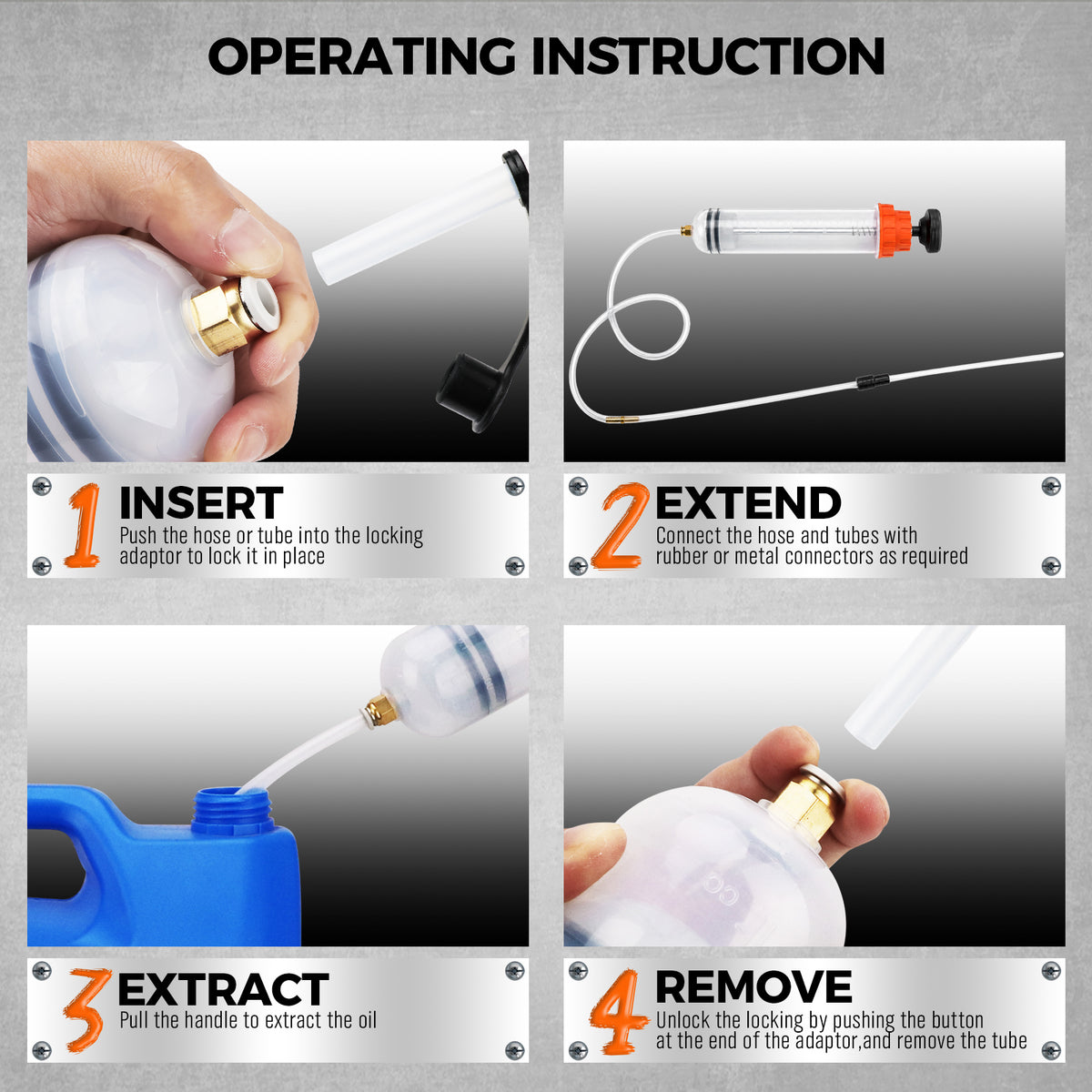 500cc manual fluid extractor and fill pump with transparent graduated cylinder, hand plunger, flexible hose, extension tubes and sealing accessories