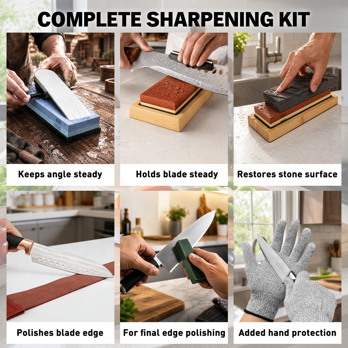 12-piece knife sharpening stone kit with 400/1000 and 3000/8000 grit whetstones, bamboo base, angle guide, honing guide, flattening stone, leather strop, green polishing compound and cut resistant gloves