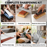 12-piece knife sharpening stone kit with 400/1000 and 3000/8000 grit whetstones, bamboo base, angle guide, honing guide, flattening stone, leather strop, green polishing compound and cut resistant gloves