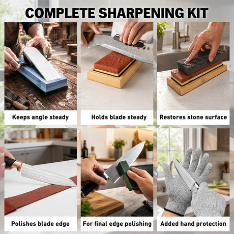 12-piece knife sharpening stone kit with 400/1000 and 3000/8000 grit whetstones, bamboo base, angle guide, honing guide, flattening stone, leather strop, green polishing compound and cut resistant gloves