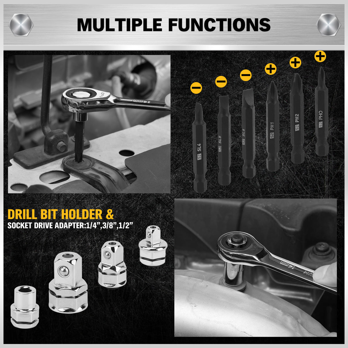 33 piece ratcheting wrench set SAE and metric 72 tooth CR-V combination wrench set with socket adapters bits and storage case