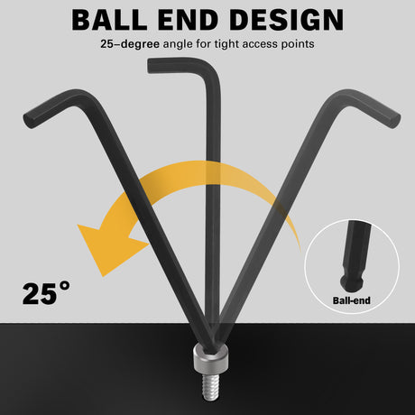 27-piece SAE and metric ball end Allen wrench set with long-arm CR-V hex keys, storage holders and removable T-handle.