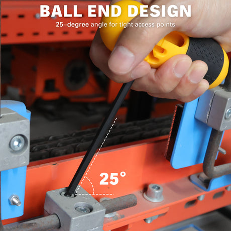 27-piece SAE and metric ball end Allen wrench set with long-arm CR-V hex keys, storage holders and removable T-handle.