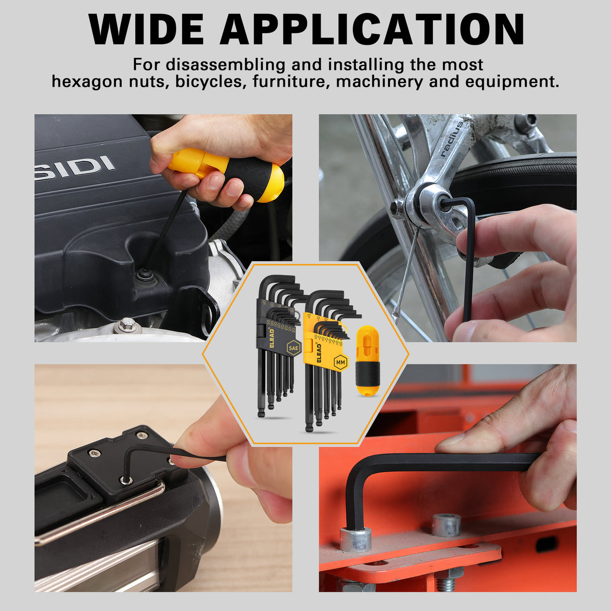 27-piece SAE and metric ball end Allen wrench set with long-arm CR-V hex keys, storage holders and removable T-handle.