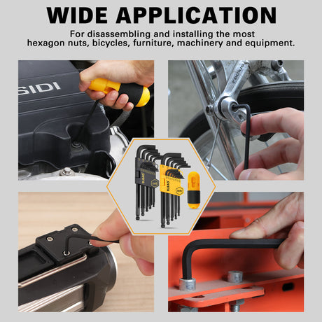 27-piece SAE and metric ball end Allen wrench set with long-arm CR-V hex keys, storage holders and removable T-handle.