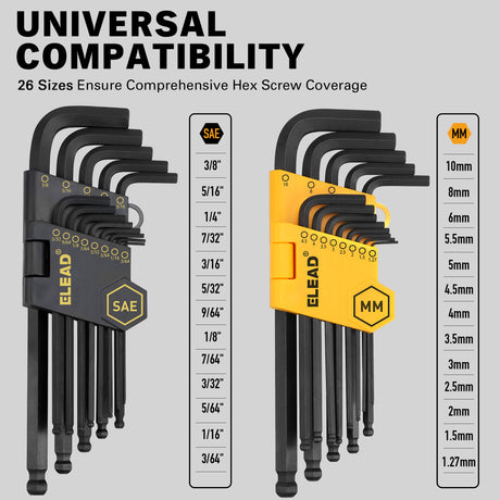 27-piece SAE and metric ball end Allen wrench set with long-arm CR-V hex keys, storage holders and removable T-handle.