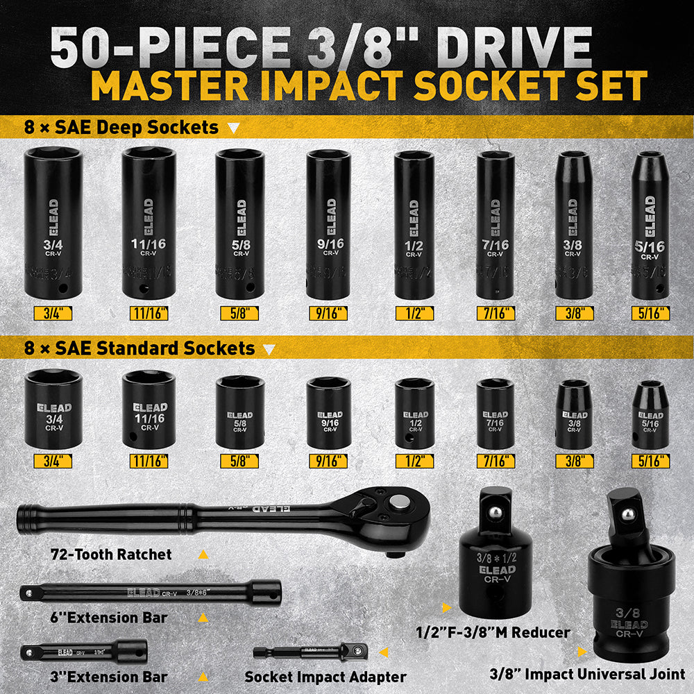 50 piece 3/8 drive master impact socket set metric and SAE with ratchet and carry case