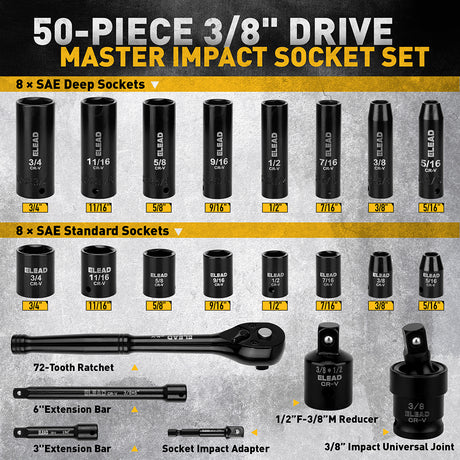 50 piece 3/8 drive master impact socket set metric and SAE with ratchet and carry case