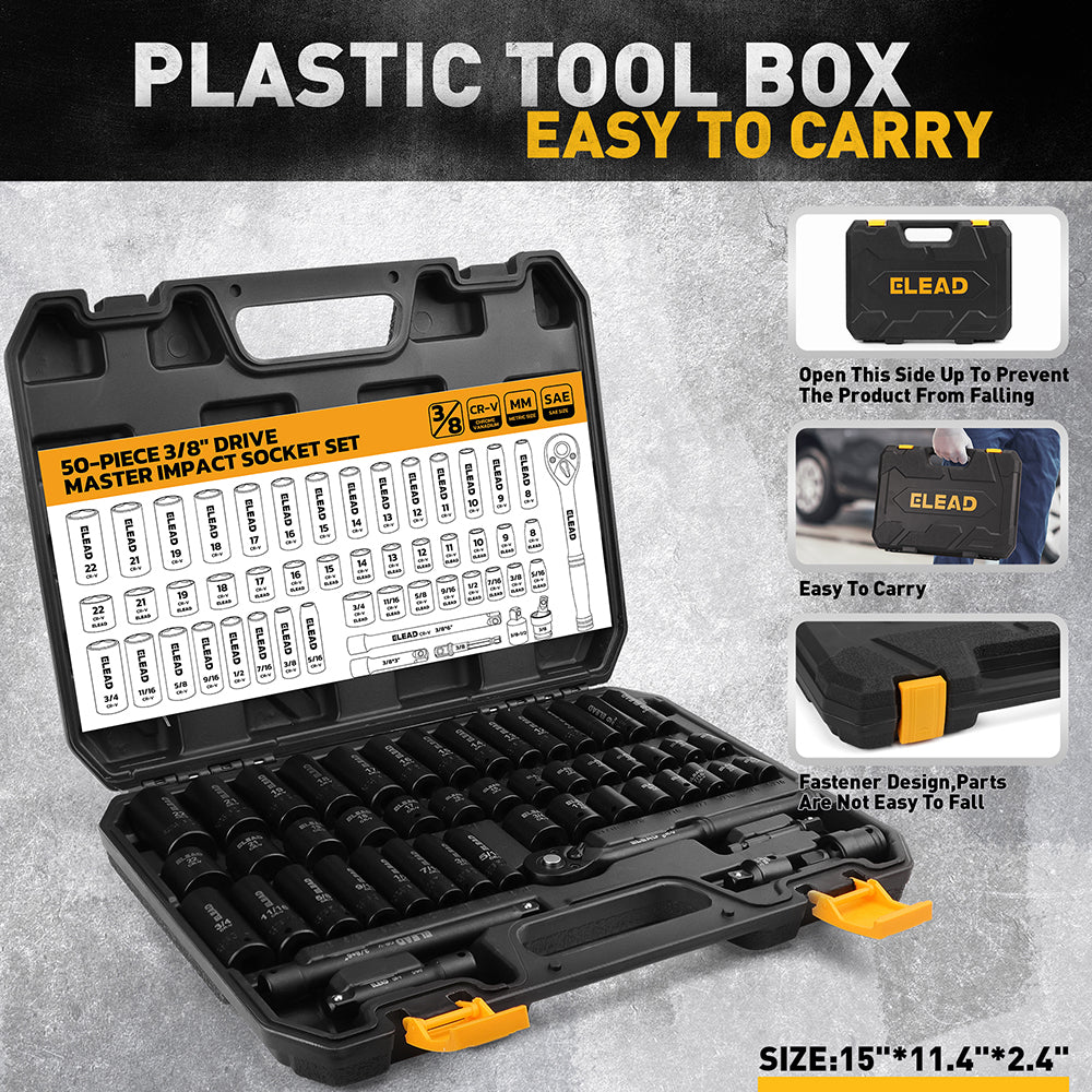 50 piece 3/8 drive master impact socket set metric and SAE with ratchet and carry case