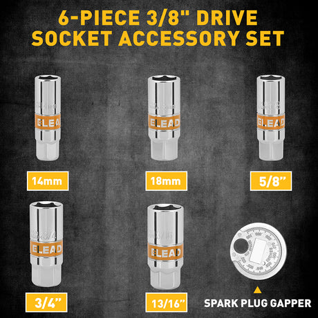 6-piece 3/8 inch drive spark plug socket set with metric and SAE sockets, CR-V steel, 6-point design and spark plug gap tool in storage case