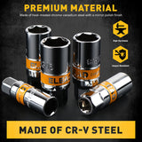 6-piece 3/8 inch drive spark plug socket set with metric and SAE sockets, CR-V steel, 6-point design and spark plug gap tool in storage case