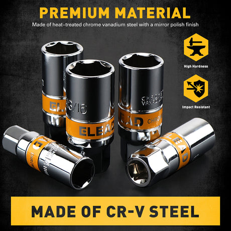 6-piece 3/8 inch drive spark plug socket set with metric and SAE sockets, CR-V steel, 6-point design and spark plug gap tool in storage case