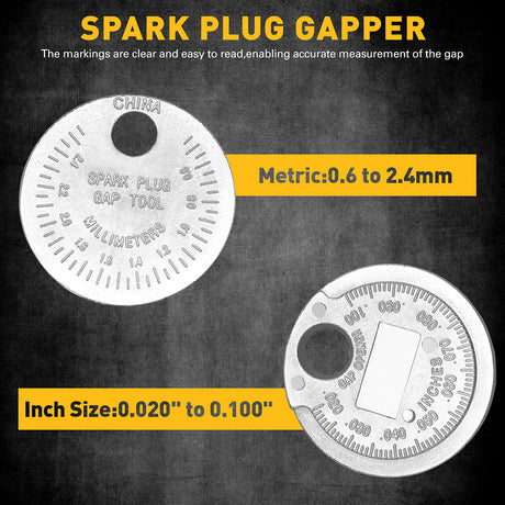 6-piece 3/8 inch drive spark plug socket set with metric and SAE sockets, CR-V steel, 6-point design and spark plug gap tool in storage case