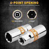 6-piece 3/8 inch drive spark plug socket set with metric and SAE sockets, CR-V steel, 6-point design and spark plug gap tool in storage case