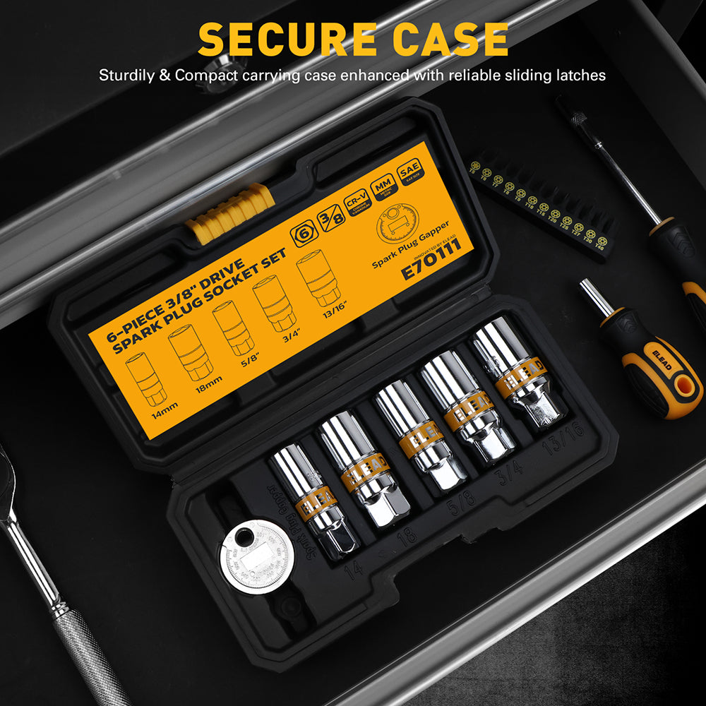 6-piece 3/8 inch drive spark plug socket set with metric and SAE sockets, CR-V steel, 6-point design and spark plug gap tool in storage case