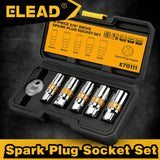 6-piece 3/8 inch drive spark plug socket set with metric and SAE sockets, CR-V steel, 6-point design and spark plug gap tool in storage case