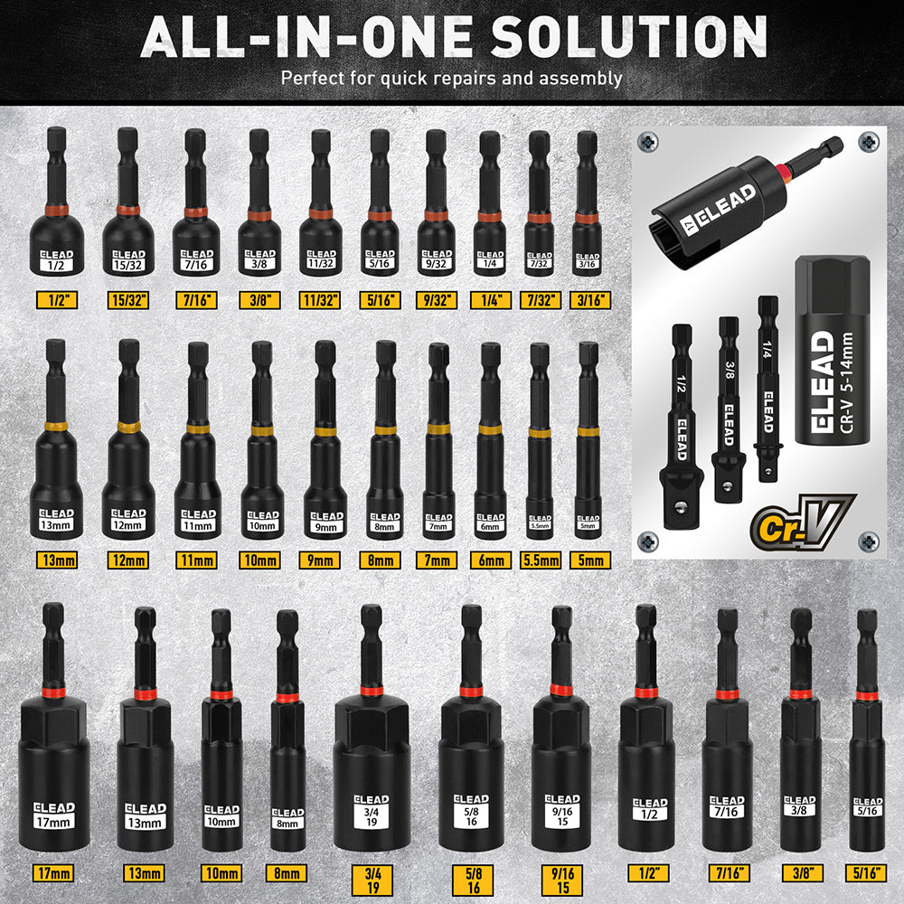 58-piece magnetic impact nut driver set with SAE and metric sizes, CR-V steel nut drivers, extensions, mini wrench set and magnetic pickup tool