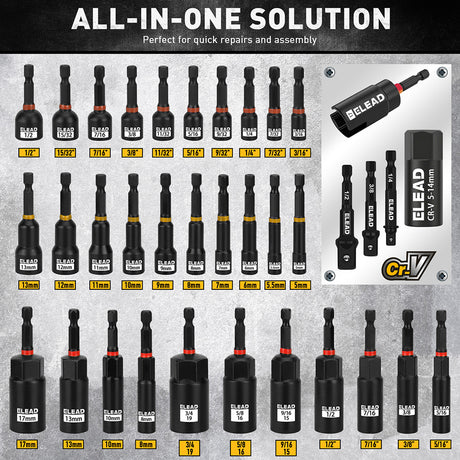 58-piece magnetic impact nut driver set with SAE and metric sizes, CR-V steel nut drivers, extensions, mini wrench set and magnetic pickup tool