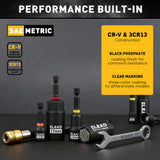 58-piece magnetic impact nut driver set with SAE and metric sizes, CR-V steel nut drivers, extensions, mini wrench set and magnetic pickup tool