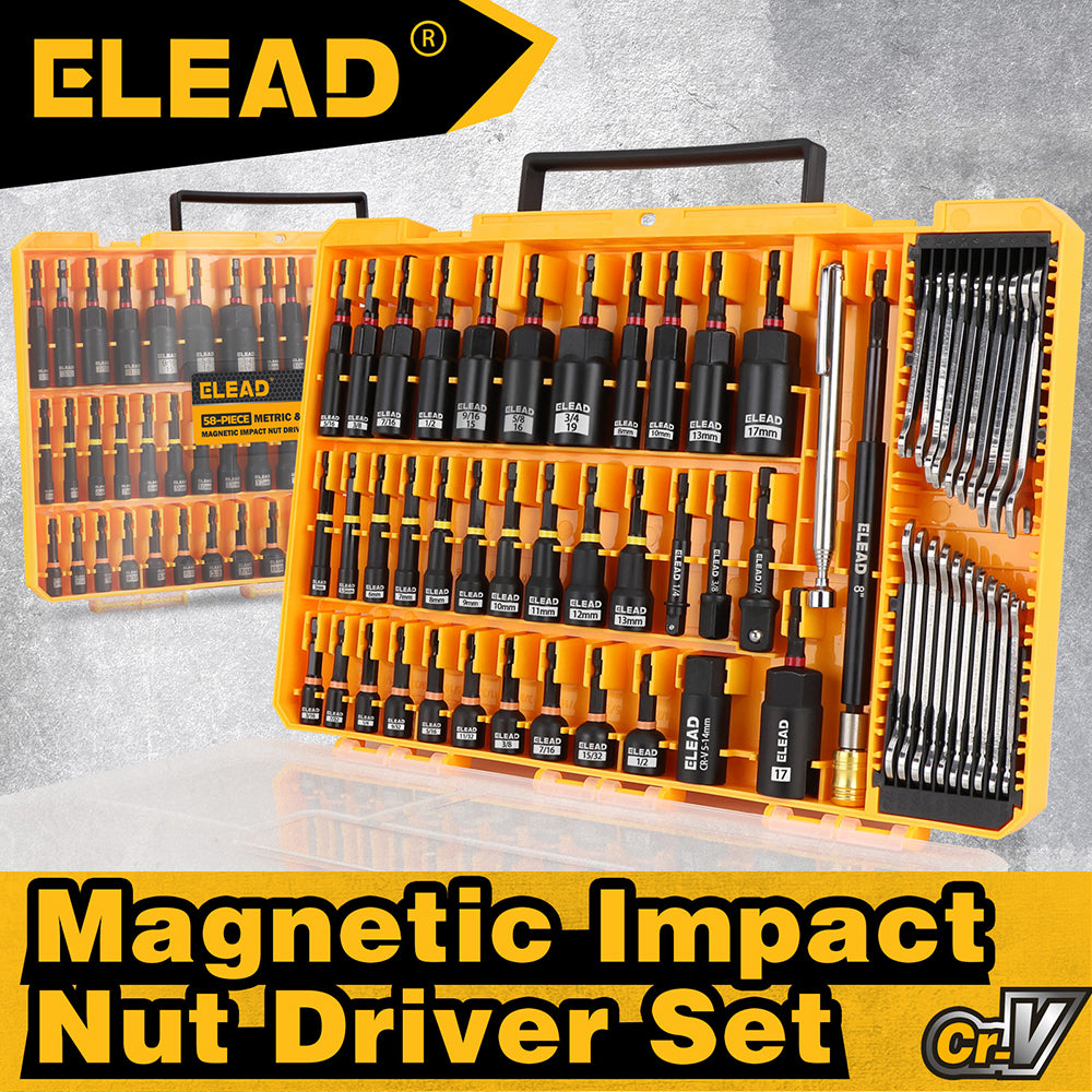 58-piece magnetic impact nut driver set with SAE and metric sizes, CR-V steel nut drivers, extensions, mini wrench set and magnetic pickup tool