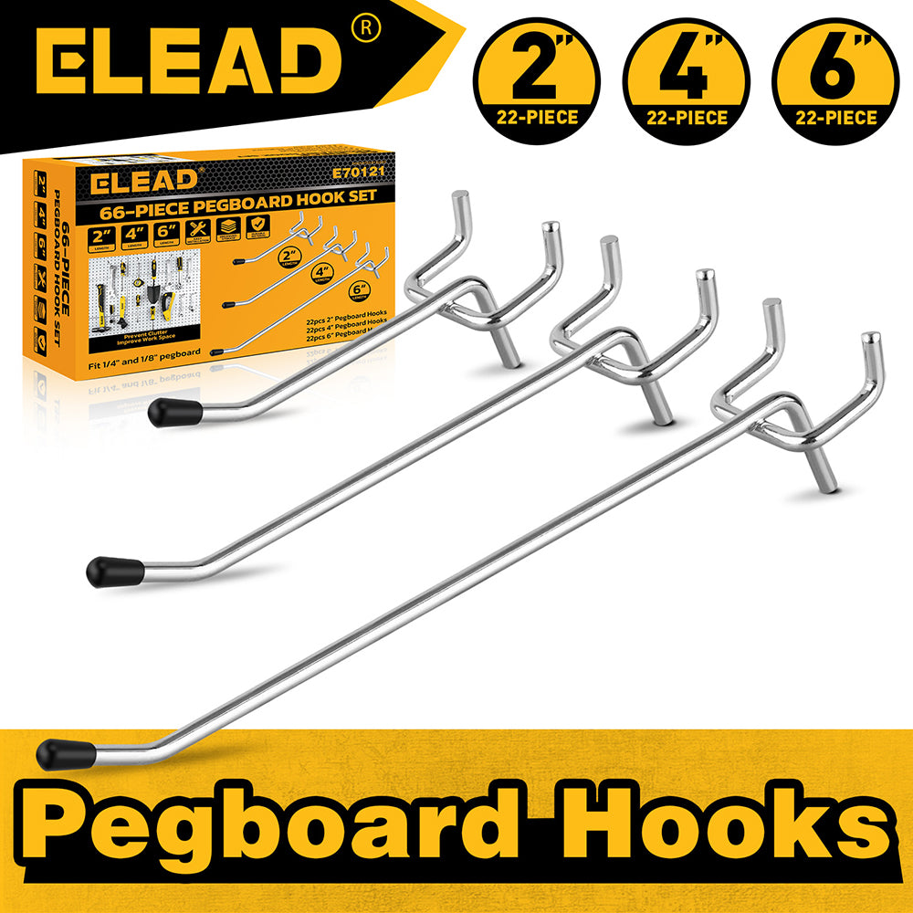 ELEAD 66-piece pegboard hook set with 2-inch, 4-inch, and 6-inch metal hooks for garage and workshop wall tool storage