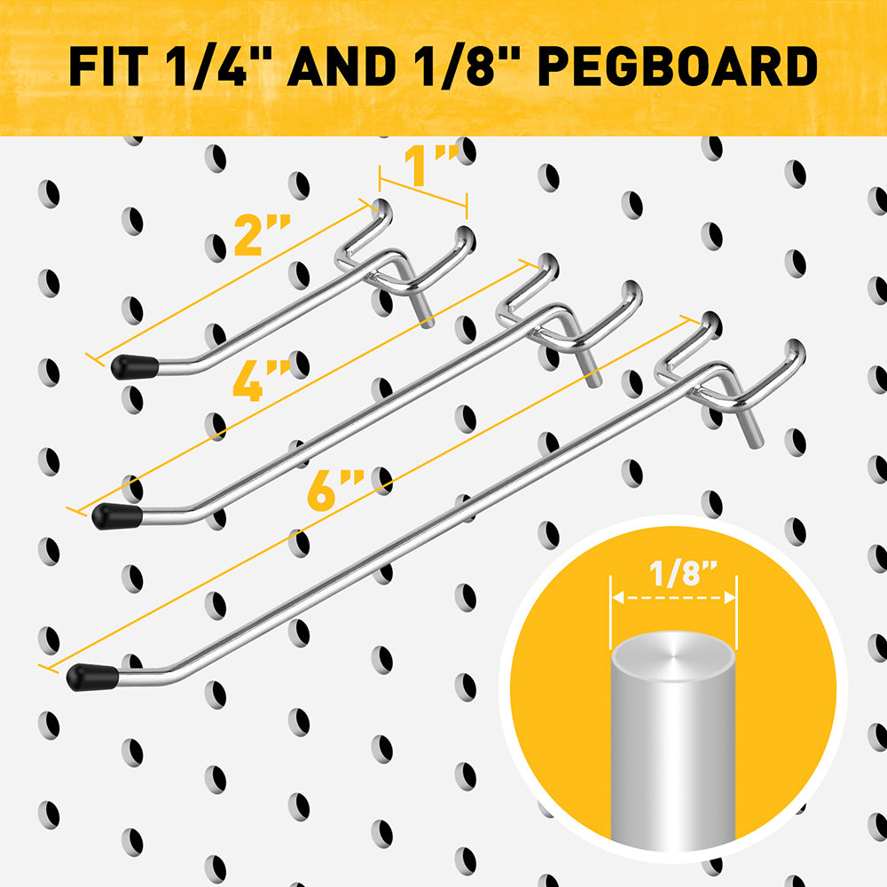ELEAD 66-piece pegboard hook set with 2-inch, 4-inch, and 6-inch metal hooks for garage and workshop wall tool storage