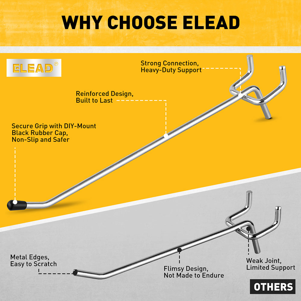 ELEAD 66-piece pegboard hook set with 2-inch, 4-inch, and 6-inch metal hooks for garage and workshop wall tool storage