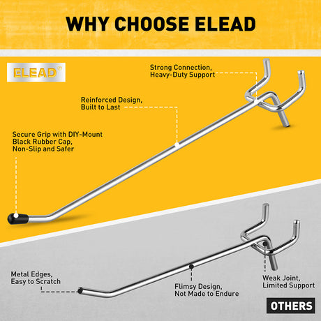ELEAD 66-piece pegboard hook set with 2-inch, 4-inch, and 6-inch metal hooks for garage and workshop wall tool storage