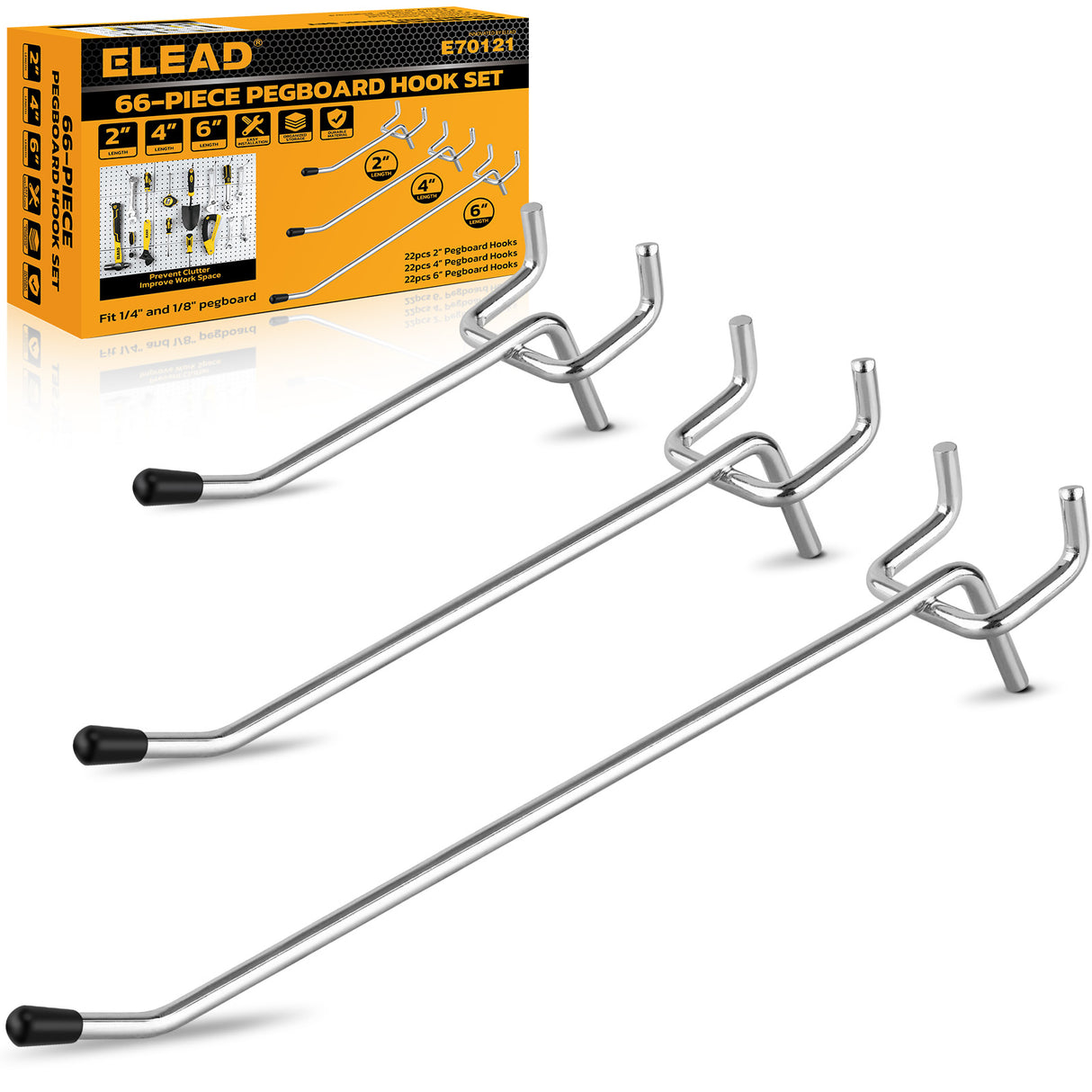 ELEAD 66-piece pegboard hook set with 2-inch, 4-inch, and 6-inch metal hooks for garage and workshop wall tool storage