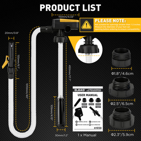 battery powered automatic fuel transfer pump with auto shut-off and multiple fuel can adapters