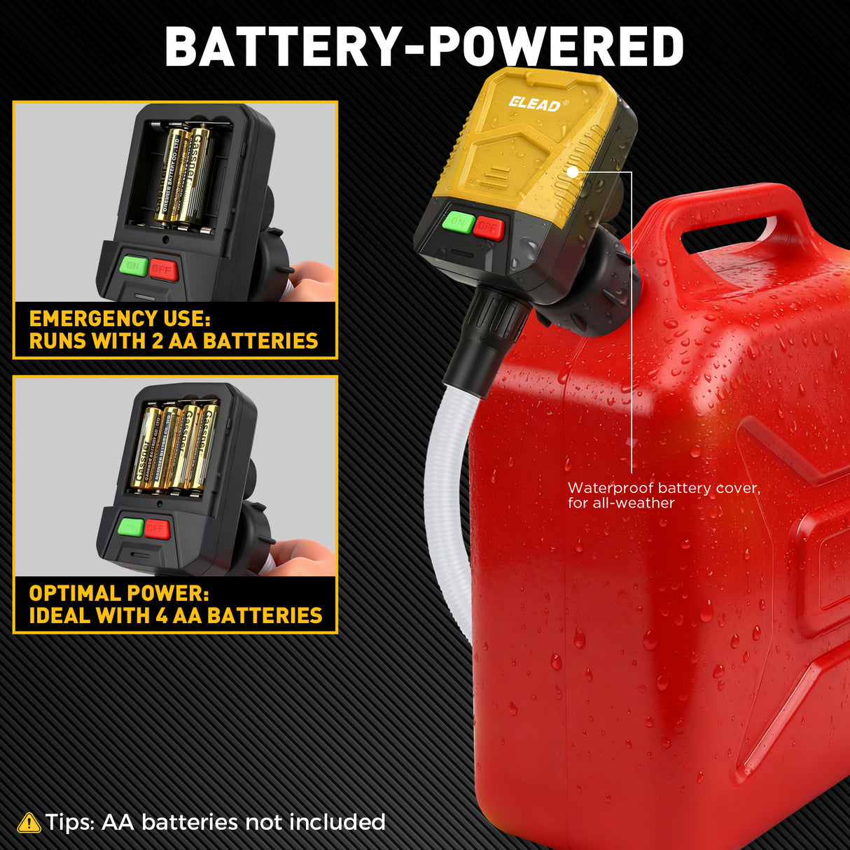 battery powered automatic fuel transfer pump with auto shut-off and multiple fuel can adapters