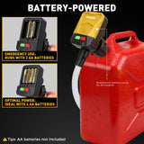 battery powered automatic fuel transfer pump with auto shut-off and multiple fuel can adapters