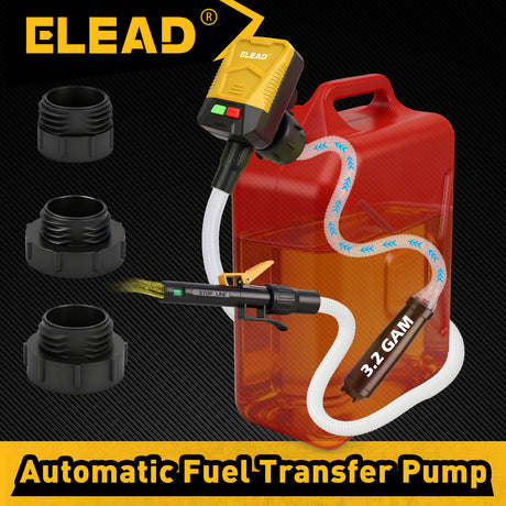 battery powered automatic fuel transfer pump with auto shut-off and multiple fuel can adapters