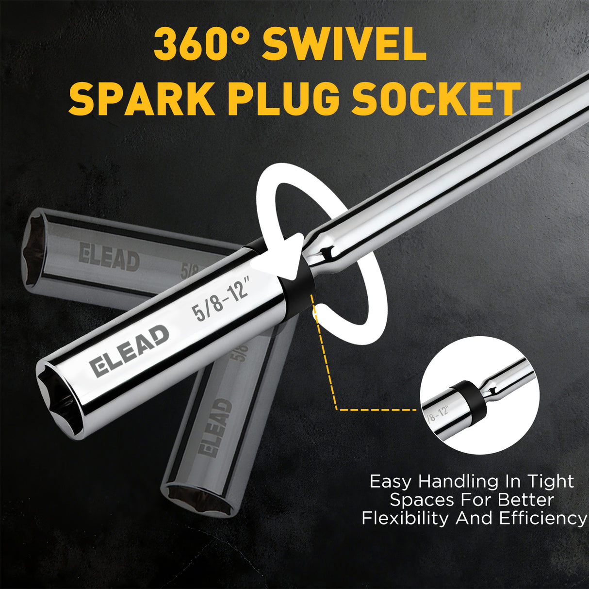 3/8 inch drive magnetic spark plug socket set with 5/8 inch and 9/16 inch sizes, 6 inch and 12 inch swivel extension sockets, thin wall 6-point design, CR-V steel construction and mirror polished finish for automotive engine repair