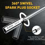 3/8 inch drive magnetic spark plug socket set with 5/8 inch and 9/16 inch sizes, 6 inch and 12 inch swivel extension sockets, thin wall 6-point design, CR-V steel construction and mirror polished finish for automotive engine repair