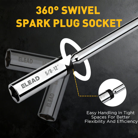 3/8 inch drive magnetic spark plug socket set with 5/8 inch and 9/16 inch sizes, 6 inch and 12 inch swivel extension sockets, thin wall 6-point design, CR-V steel construction and mirror polished finish for automotive engine repair