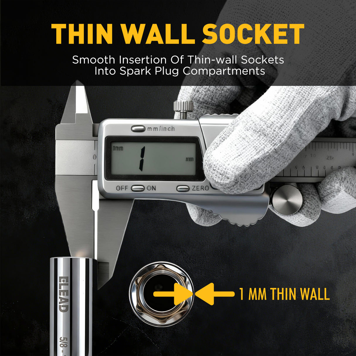 3/8 inch drive magnetic spark plug socket set with 5/8 inch and 9/16 inch sizes, 6 inch and 12 inch swivel extension sockets, thin wall 6-point design, CR-V steel construction and mirror polished finish for automotive engine repair