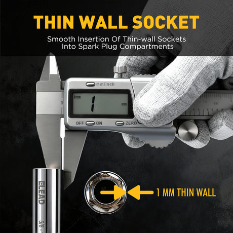 3/8 inch drive magnetic spark plug socket set with 5/8 inch and 9/16 inch sizes, 6 inch and 12 inch swivel extension sockets, thin wall 6-point design, CR-V steel construction and mirror polished finish for automotive engine repair