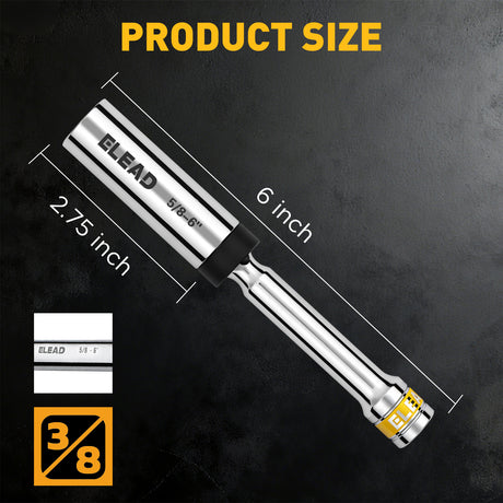 3/8 inch drive magnetic spark plug socket set with 5/8 inch and 9/16 inch sizes, 6 inch and 12 inch swivel extension sockets, thin wall 6-point design, CR-V steel construction and mirror polished finish for automotive engine repair
