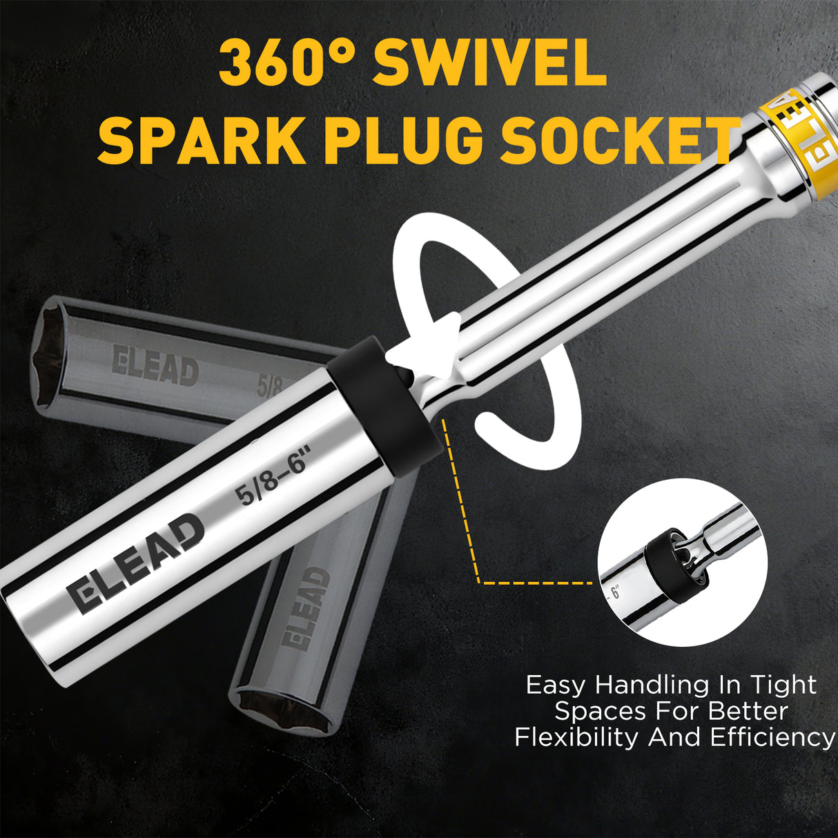 3/8 inch drive magnetic spark plug socket set with 5/8 inch and 9/16 inch sizes, 6 inch and 12 inch swivel extension sockets, thin wall 6-point design, CR-V steel construction and mirror polished finish for automotive engine repair