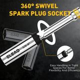 3/8 inch drive magnetic spark plug socket set with 5/8 inch and 9/16 inch sizes, 6 inch and 12 inch swivel extension sockets, thin wall 6-point design, CR-V steel construction and mirror polished finish for automotive engine repair