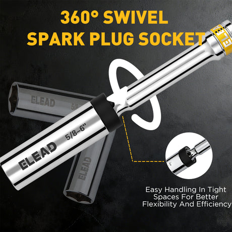 3/8 inch drive magnetic spark plug socket set with 5/8 inch and 9/16 inch sizes, 6 inch and 12 inch swivel extension sockets, thin wall 6-point design, CR-V steel construction and mirror polished finish for automotive engine repair
