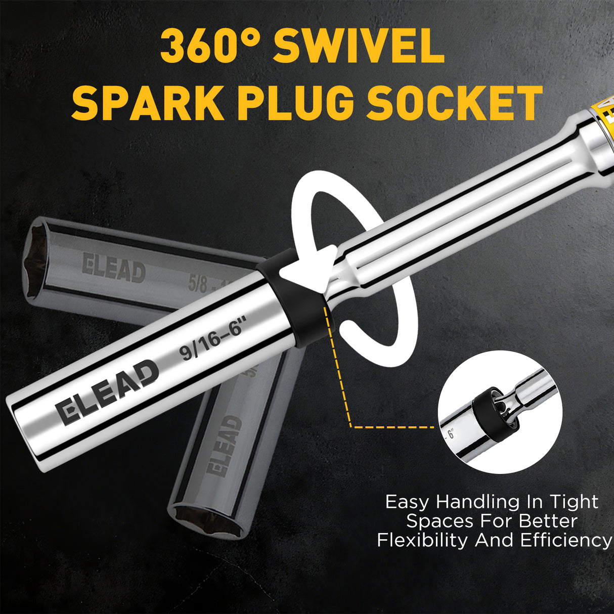 3/8 inch drive magnetic spark plug socket set with 5/8 inch and 9/16 inch sizes, 6 inch and 12 inch swivel extension sockets, thin wall 6-point design, CR-V steel construction and mirror polished finish for automotive engine repair