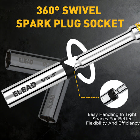 3/8 inch drive magnetic spark plug socket set with 5/8 inch and 9/16 inch sizes, 6 inch and 12 inch swivel extension sockets, thin wall 6-point design, CR-V steel construction and mirror polished finish for automotive engine repair