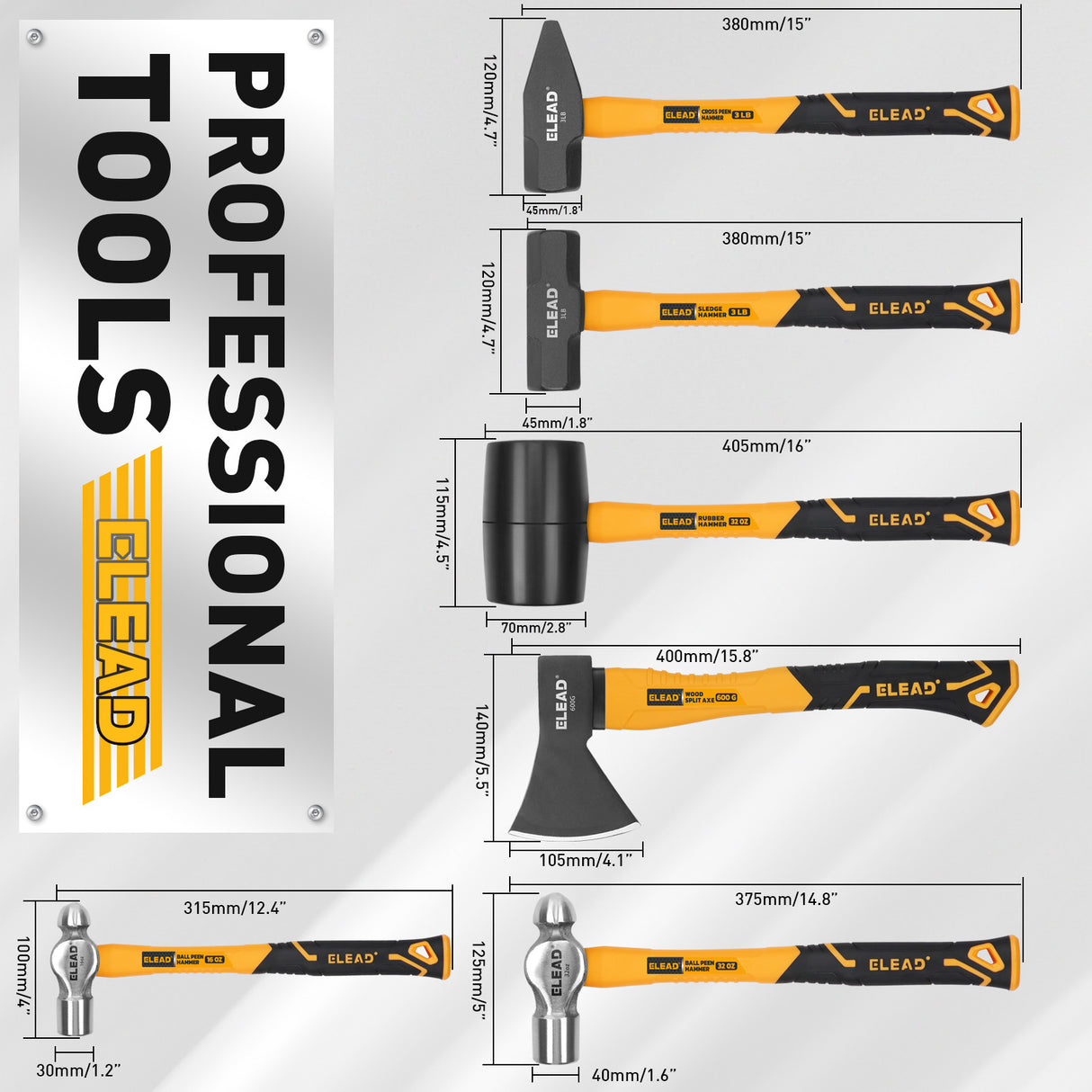 6-piece hammer set with fiberglass handles, ball peen hammers, sledge hammer, cross peen hammer, rubber mallet and wood splitting axe