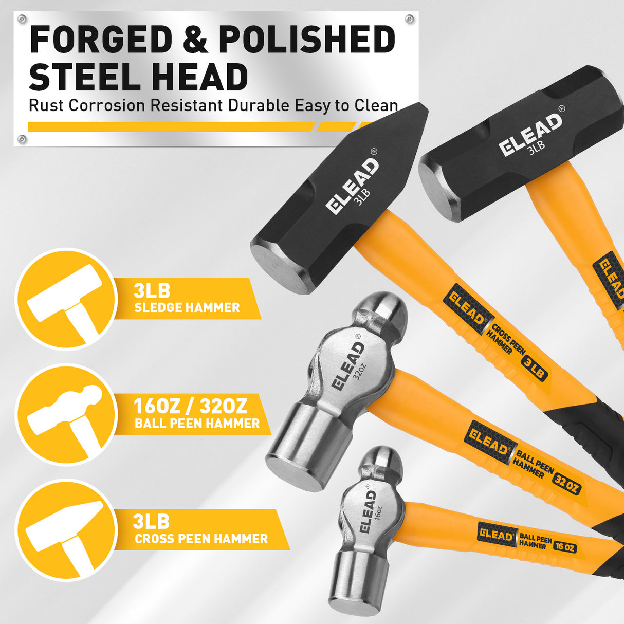 6-piece hammer set with fiberglass handles, ball peen hammers, sledge hammer, cross peen hammer, rubber mallet and wood splitting axe